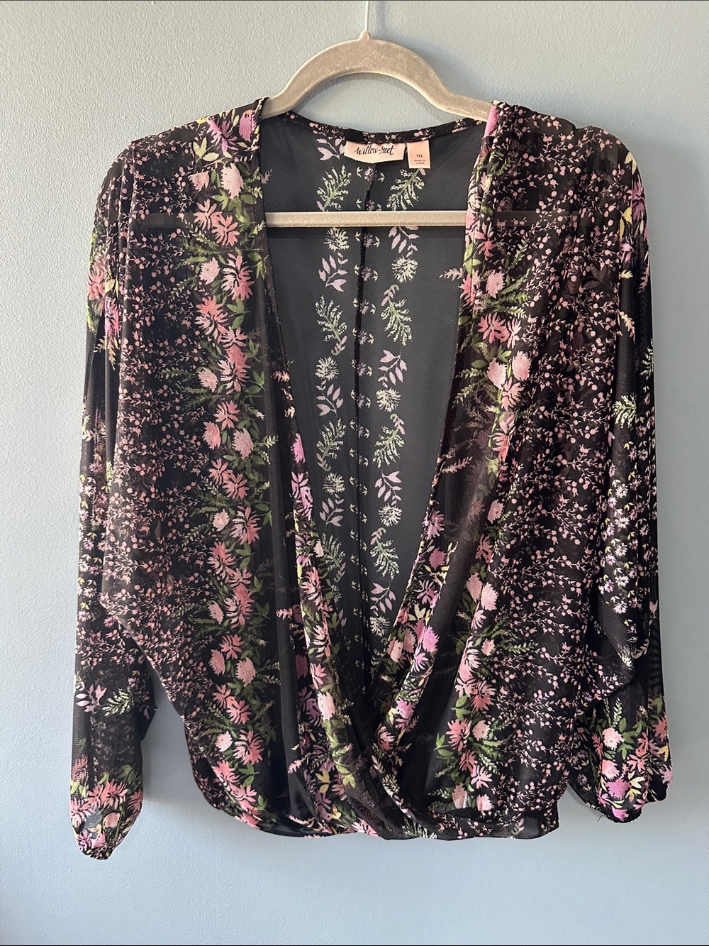 Willow & root Black Floral Wrap-Front Blouse with Pink & Green Print